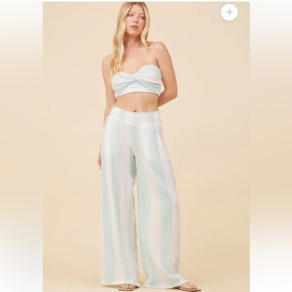 Havana MINT & WHITE CABANA STRIPE GAUZE SMOCKED WAIST PANTS NEW